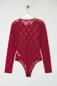 TRENDYOLMİLLA Burgundy Lace Cellular/Delikli Wireless snaps Long Sleeve Knitting Bodysuit .D.00001 - Image 6