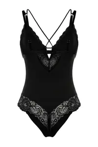TRENDYOLMİLLA Black Micro Lace Piping Detailed Rope Sleeveless Knitting Bodysuit .D.00004 - Image 9