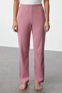TRENDYOLMİLLA White-Pink Ribbon/Fiyonk Printed Top single jersey Bottom Camisole Knitting Pajama Set - Image 4