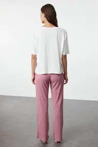 TRENDYOLMİLLA White-Pink Ribbon/Fiyonk Printed Top single jersey Bottom Camisole Knitting Pajama Set - Image 5