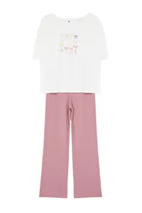 TRENDYOLMİLLA White-Pink Ribbon/Fiyonk Printed Top single jersey Bottom Camisole Knitting Pajama Set - Image 6
