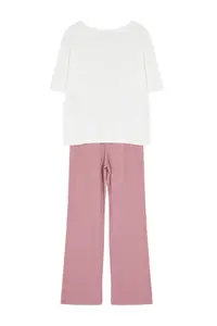 TRENDYOLMİLLA White-Pink Ribbon/Fiyonk Printed Top single jersey Bottom Camisole Knitting Pajama Set - Image 7