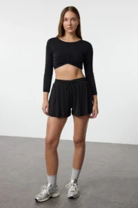 TRENDYOLMİLLA Black 2 Layer Knitting Sports Shorts with Tights Inside - Image 3