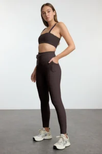 TRENDYOLMİLLA Brown Brushed Soft Material Pocket and Binding Detailed Full Size Knitting Sports Leggings - Image 2
