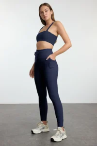 TRENDYOLMİLLA Navy Blue Brushed Soft Material Pocket and Binding Detailed Full Size Knitting Sports Leggings - Image 2