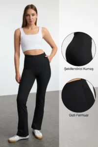 TRENDYOLMİLLA Black Shaping Zippered Pocket Detail Tam Size Knitting Sports Pantolonu
