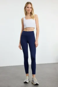 TRENDYOLMİLLA Navy Blue Soft Brushed Material Reflector Print Detailed Full Size Knitting Sports Leggings - Image 2