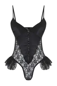 TRENDYOLMİLLA Black Lace and Satin Frilly Wireless Lingerie Bodysuit .D.00003 - Image 5