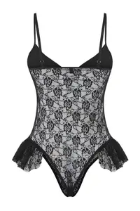 TRENDYOLMİLLA Black Lace and Satin Frilly Wireless Lingerie Bodysuit .D.00003 - Image 7