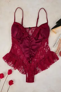 TRENDYOLMİLLA Burgundy Lace and Satin Frilly Wireless Lingerie Bodysuit .D.00003 - Image 6