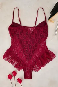 TRENDYOLMİLLA Burgundy Lace and Satin Frilly Wireless Lingerie Bodysuit .D.00003 - Image 8