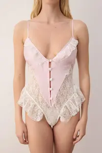 TRENDYOLMİLLA White-Pink Lace and Satin Frilly Wireless Lingerie Bodysuit .D.00003 - Image 3