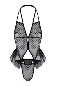 TRENDYOLMİLLA Black Tulle Polka Dot Window/Cut Out and Flounce Detailed Wireless Sleeveless Knitting Lingerie Bodysuit .D.00005 - Image 5