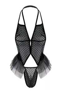 TRENDYOLMİLLA Black Tulle Polka Dot Window/Cut Out and Flounce Detailed Wireless Sleeveless Knitting Lingerie Bodysuit .D.00005 - Image 6