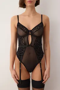 TRENDYOLMİLLA Black Leopard Garter Detailed Tulle Wireless Knitting Bodysuit .D.00008 - Image 6