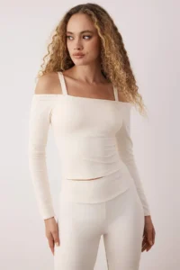 TRENDYOLMİLLA Ecru Soft Brushed Material Strap Detailed with Inside Pad Sports Knitting Top/Blouse