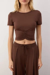 TRENDYOLMİLLA Brown Ruffle Detailed Micro Sports Knitting Top/Blouse - Image 3