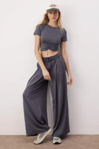 TRENDYOLMİLLA Anthracite Ruffle Detailed Micro Sports Knitting Top/Blouse - Image 2