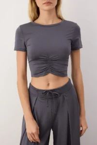 TRENDYOLMİLLA Anthracite Ruffle Detailed Micro Sports Knitting Top/Blouse - Image 3