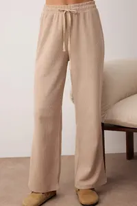 TRENDYOLMİLLA Beige Waist Binding Detailed Waffle Knitting Pajama Set - Image 3