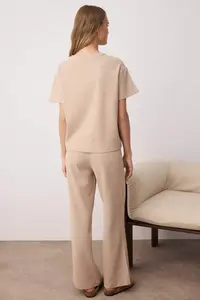 TRENDYOLMİLLA Beige Waist Binding Detailed Waffle Knitting Pajama Set - Image 4