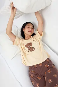 TRENDYOLMİLLA Teen Beige-Multicolored Cotton Teddy Bear Printed Lycra Knitting Pajama Set