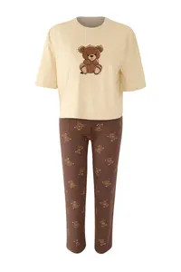 TRENDYOLMİLLA Teen Beige-Multicolored Cotton Teddy Bear Printed Lycra Knitting Pajama Set - Image 5