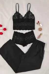 TRENDYOLMİLLA Black 3 Sets Dowry Set Top Lace, Bottom Satin Sleeveless Pantyhose Weaving Pajama Set - Image 2