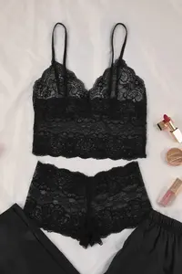 TRENDYOLMİLLA Black 3 Sets Dowry Set Top Lace, Bottom Satin Sleeveless Pantyhose Weaving Pajama Set - Image 6