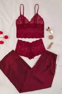 TRENDYOLMİLLA Burgundy 3 Sets Dowry Set Top Lace, Bottom Satin Sleeveless Pantyhose Weaving Pajama Set - Image 2