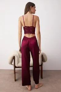 TRENDYOLMİLLA Burgundy 3 Sets Dowry Set Top Lace, Bottom Satin Sleeveless Pantyhose Weaving Pajama Set - Image 5