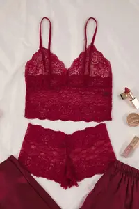 TRENDYOLMİLLA Burgundy 3 Sets Dowry Set Top Lace, Bottom Satin Sleeveless Pantyhose Weaving Pajama Set - Image 6