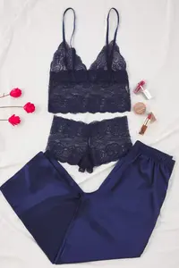TRENDYOLMİLLA Navy Blue 3 Sets Dowry Set Top Lace, Bottom Satin Sleeveless Pantyhose Weaving Pajama Set - Image 2