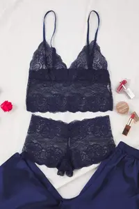 TRENDYOLMİLLA Navy Blue 3 Sets Dowry Set Top Lace, Bottom Satin Sleeveless Pantyhose Weaving Pajama Set - Image 6