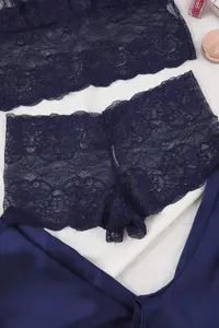 TRENDYOLMİLLA Navy Blue 3 Sets Dowry Set Top Lace, Bottom Satin Sleeveless Pantyhose Weaving Pajama Set - Image 7