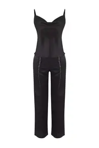 TRENDYOLMİLLA Black Lace Detailed Satin Weaving Pajama Set - Image 5