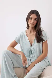 TRENDYOLMİLLA Light Blue Ethnic Patterned Ruffle and Binding Detailed Viscose Weaving Pajama Set
