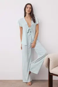 TRENDYOLMİLLA Light Blue Ethnic Patterned Ruffle and Binding Detailed Viscose Weaving Pajama Set - Image 2