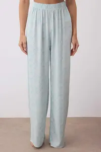 TRENDYOLMİLLA Light Blue Ethnic Patterned Ruffle and Binding Detailed Viscose Weaving Pajama Set - Image 3