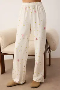 TRENDYOLMİLLA Ecru 100% Cotton Ribbon and Star Printed Knitting Pajama Set - Image 3