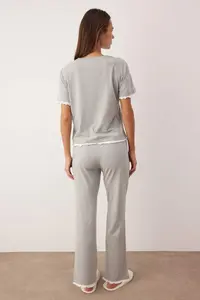 TRENDYOLMİLLA Gray Melange Cotton Double Layer Frilly Knitting Pajama Set - Image 4