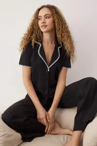 TRENDYOLMİLLA Black 100% Cotton Karyoka Stitched Shirt Collar Knitting Pajama Set