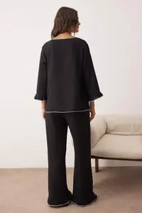 TRENDYOLMİLLA Black 100% Cotton with bow/tied up Muslin Weaving Pajama Set - Image 4