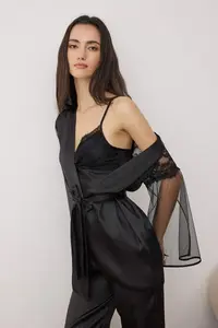 TRENDYOLMİLLA Black 3 Sets Dowry Set Satin Weaving Pajama Set