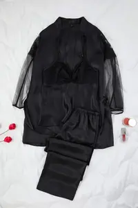 TRENDYOLMİLLA Black 3 Sets Dowry Set Satin Weaving Pajama Set - Image 6