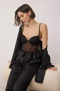 TRENDYOLMİLLA Black 3 Sets Dowry Set Satin Weaving Pajama Set