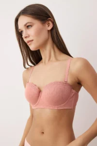 TRENDYOLMİLLA Dusty Rose 100% Cotton Ribbed Lace Detailed Covered Strapless Knitting Bra - Image 2