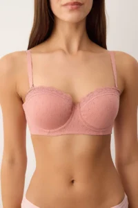 TRENDYOLMİLLA Dusty Rose 100% Cotton Ribbed Lace Detailed Covered Strapless Knitting Bra - Image 3