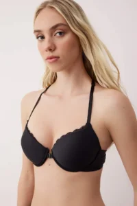 TRENDYOLMİLLA Black Micro Lace and Front Buckle Detailed Push Up T-Shirt Bra Knitting Bra - Image 2