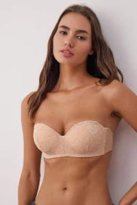 TRENDYOLMİLLA Nude Micro Lace Detailed Covered unsupported Strapless Knitting Bra - Image 2